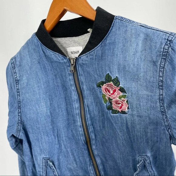Girls Hudson denim bomber jacket XL. Rose patches - Picture 3 of 4